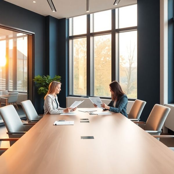 Interiorul biroului Grup Ionescu din Brașov, cu doi consultanți la masa de conferință